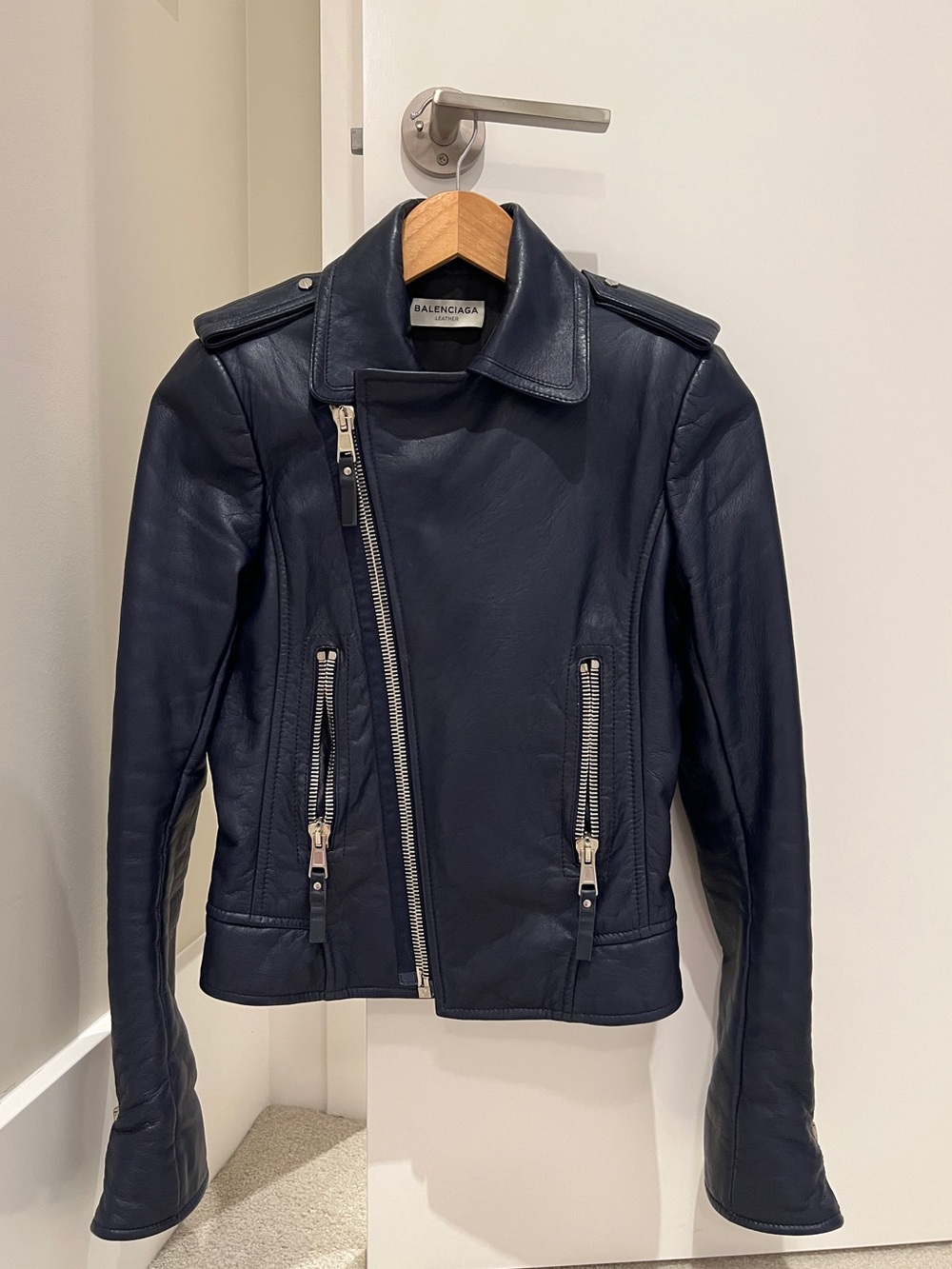 Balenciaga Dark Navy Leather Moto Jacket - Picture 3 of 16